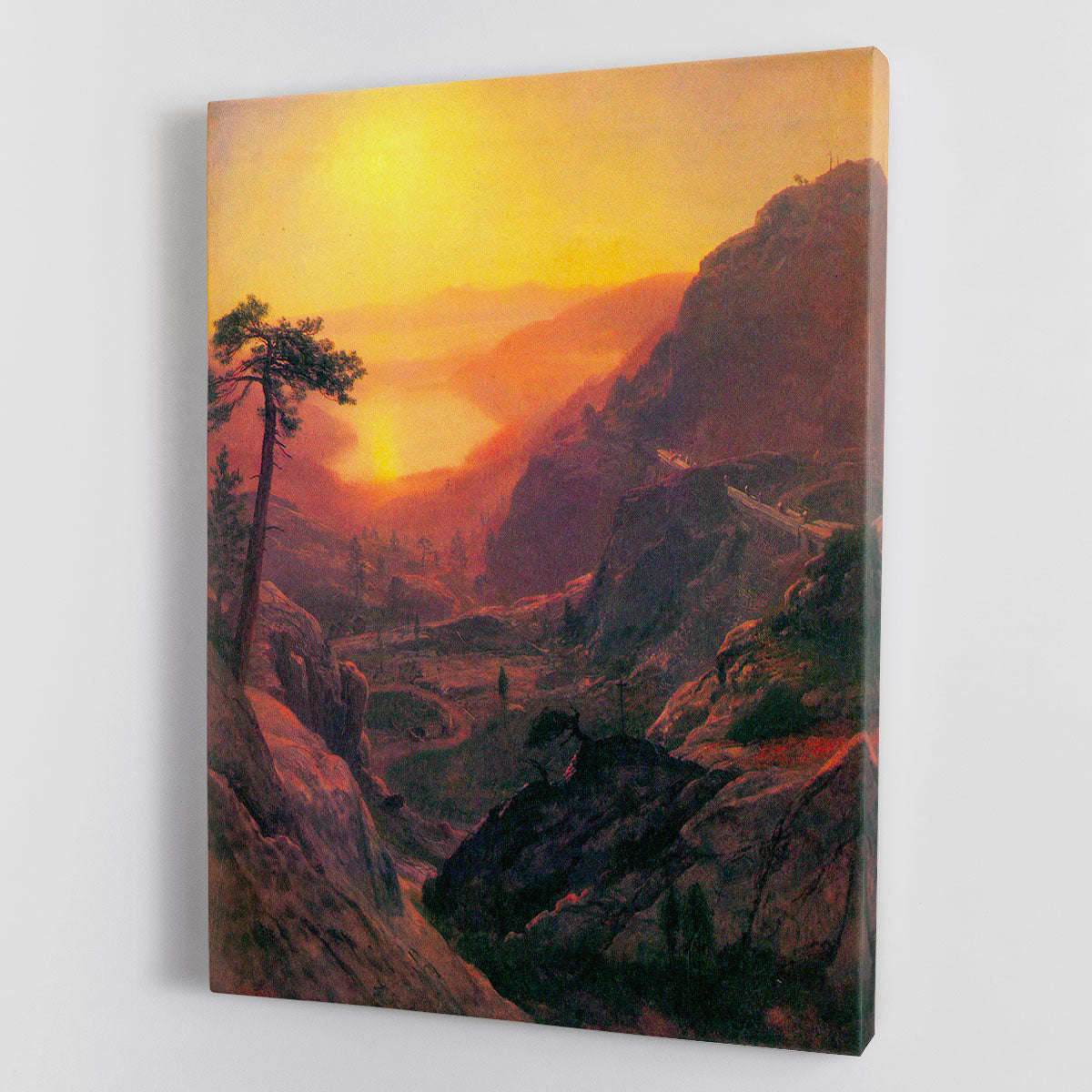 A beautiful canvas print of Donner Lake by Bierstadt, showcasing serene waters and majestic mountains, perfect for home decor.