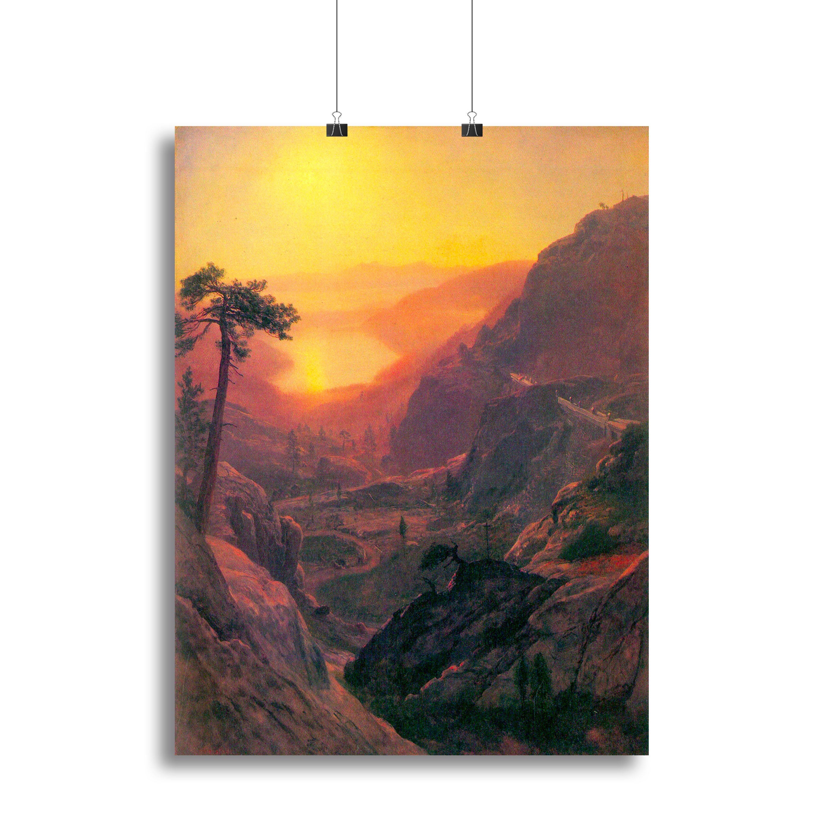 A beautiful canvas print of Donner Lake by Bierstadt, showcasing serene waters and majestic mountains, perfect for home decor.