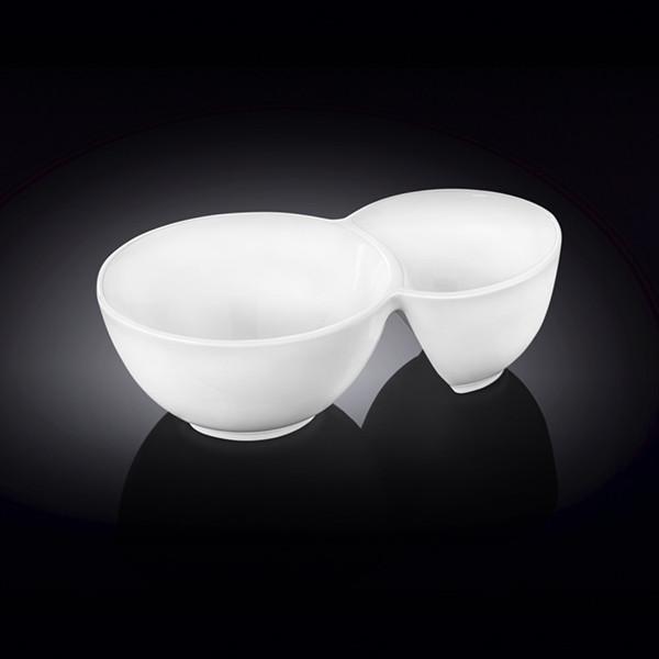 Double White Dish with two round compartments, made of fine porcelain, ideal for elegant serving.