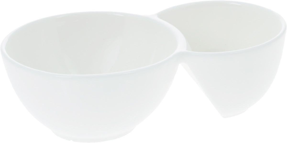 Double White Dish with two round compartments, made of fine porcelain, ideal for elegant serving.