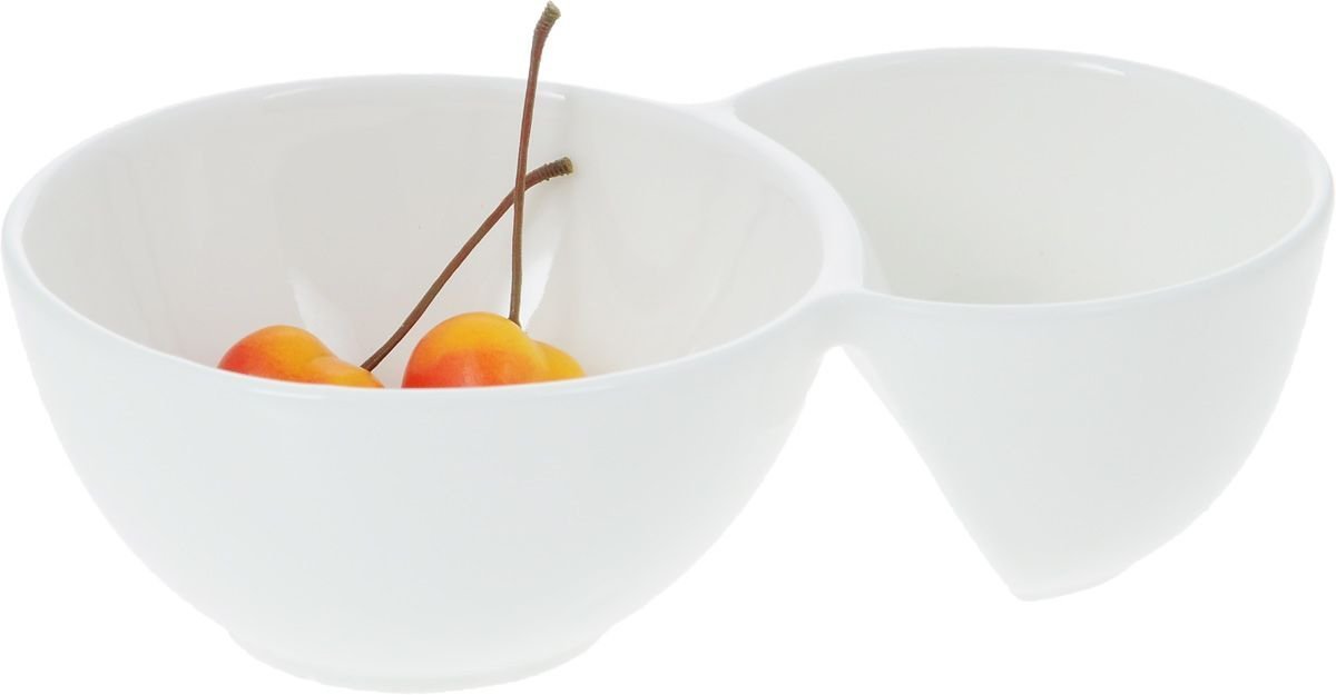 Double White Dish with two round compartments, made of fine porcelain, ideal for elegant serving.