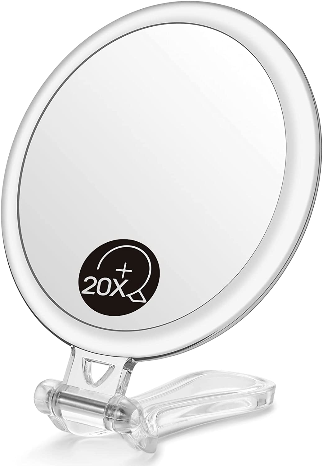Double-sided foldable makeup mirror featuring 1X and 20X magnification, ideal for travel and everyday use.