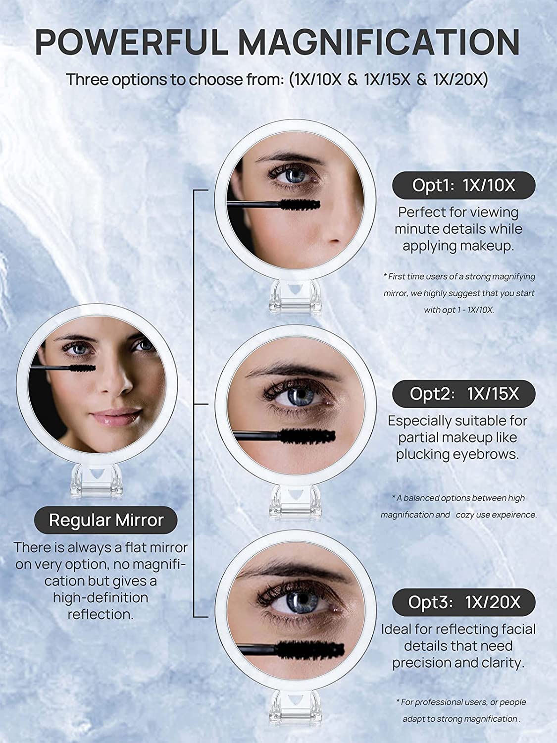 Double-sided foldable makeup mirror featuring 1X and 20X magnification, ideal for travel and everyday use.