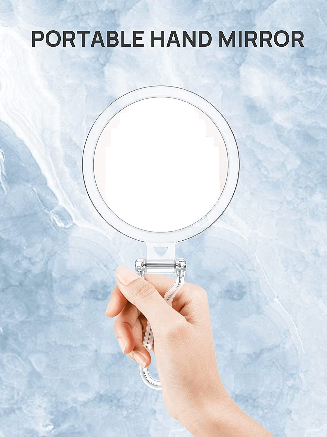 Double-sided foldable makeup mirror featuring 1X and 20X magnification, ideal for travel and everyday use.