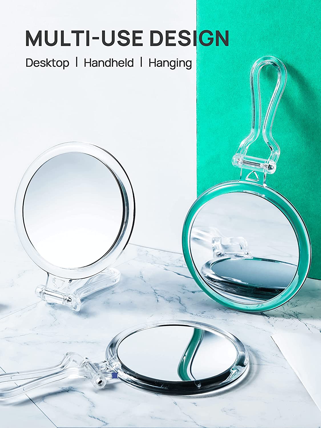 Double-sided foldable makeup mirror featuring 1X and 20X magnification, ideal for travel and everyday use.