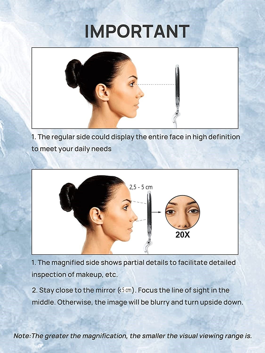 Double-sided foldable makeup mirror featuring 1X and 20X magnification, ideal for travel and everyday use.