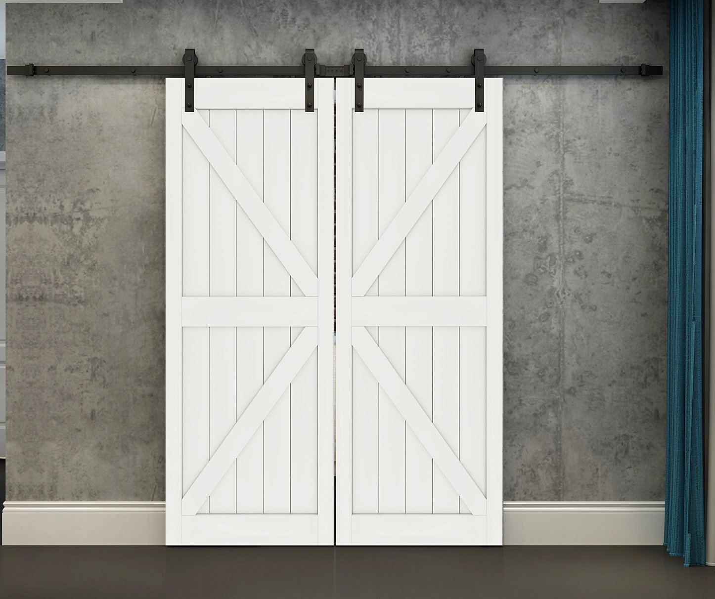 DOYHD double sliding barn wood door hardware set in black metal, showcasing rollers, track, and connectors.