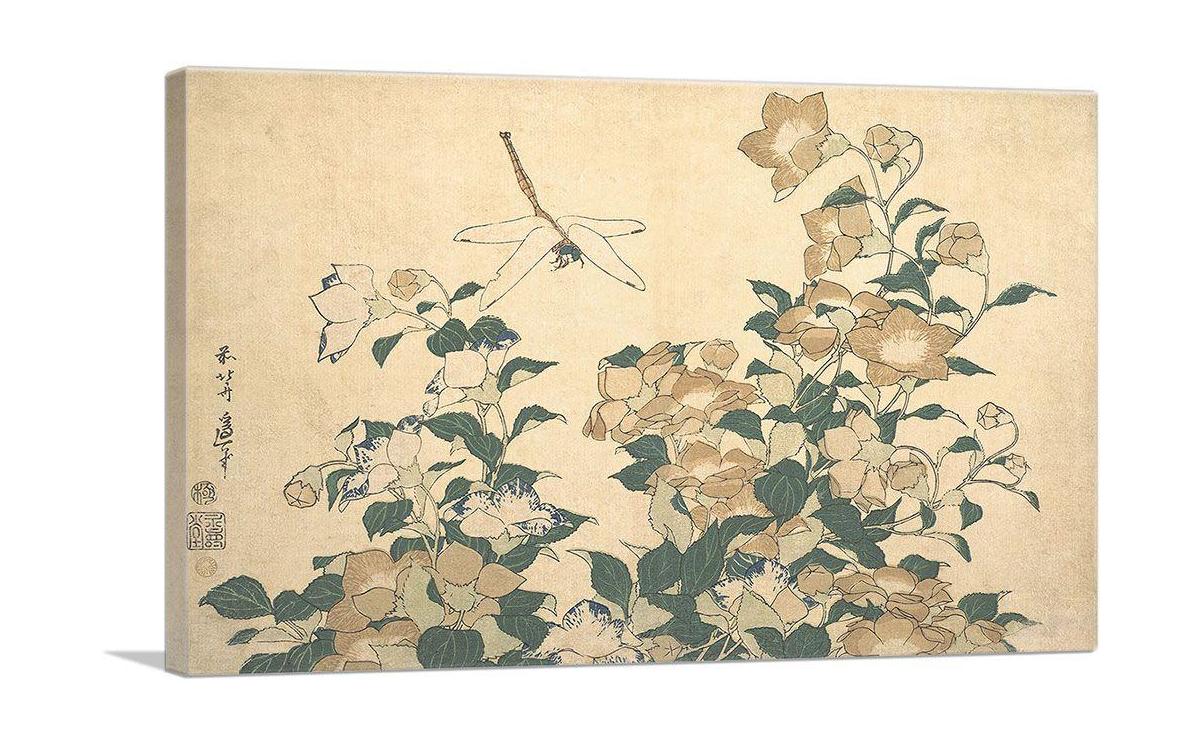 A beautiful canvas print featuring a dragonfly and bellflower design, showcasing vibrant colors and intricate details, perfect for home decor.