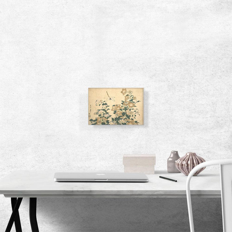 A beautiful canvas print featuring a dragonfly and bellflower design, showcasing vibrant colors and intricate details, perfect for home decor.