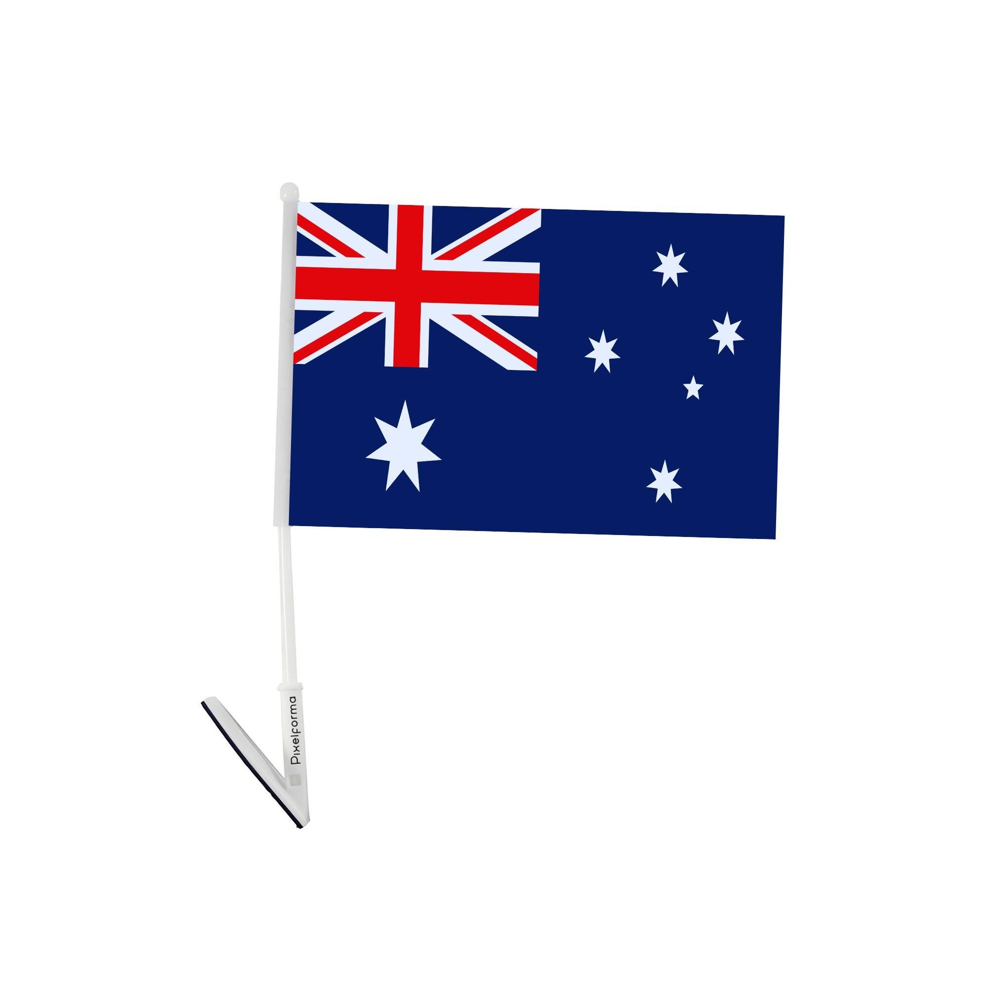 Drapeau adhésif de l'Australie de 14x21 cm, en polyester, fixé sur une vitre, avec un mat de 26 cm pour une visibilité optimale.