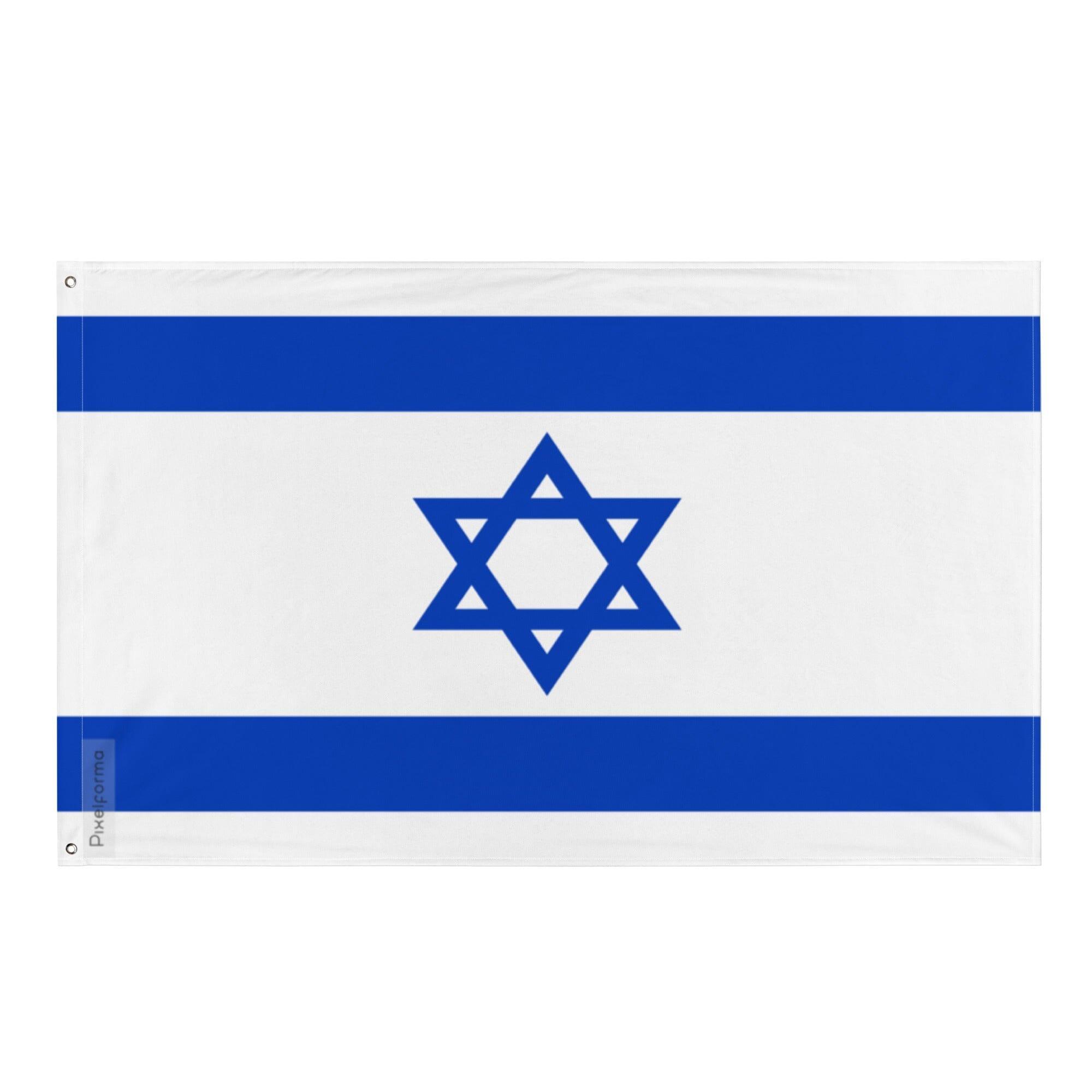 Drapeau d'Israël en polyester avec œillets, disponible en plusieurs tailles, affichant les couleurs bleu et blanc.