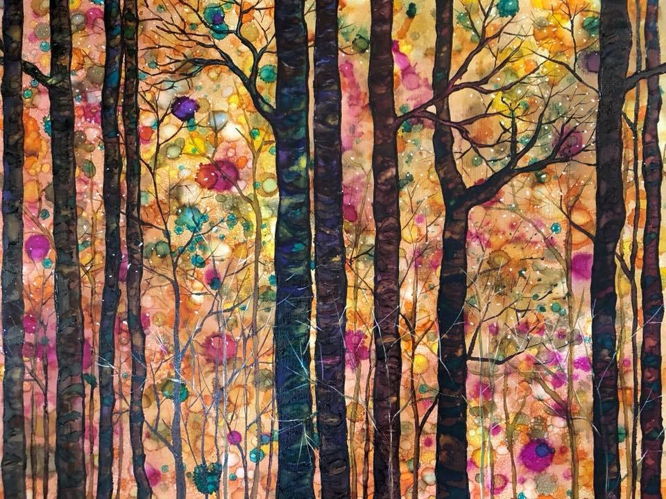 A vibrant mixed media artwork titled Dream Forest, featuring intricate details in soothing colors created with alcohol inks and acrylic paint.
