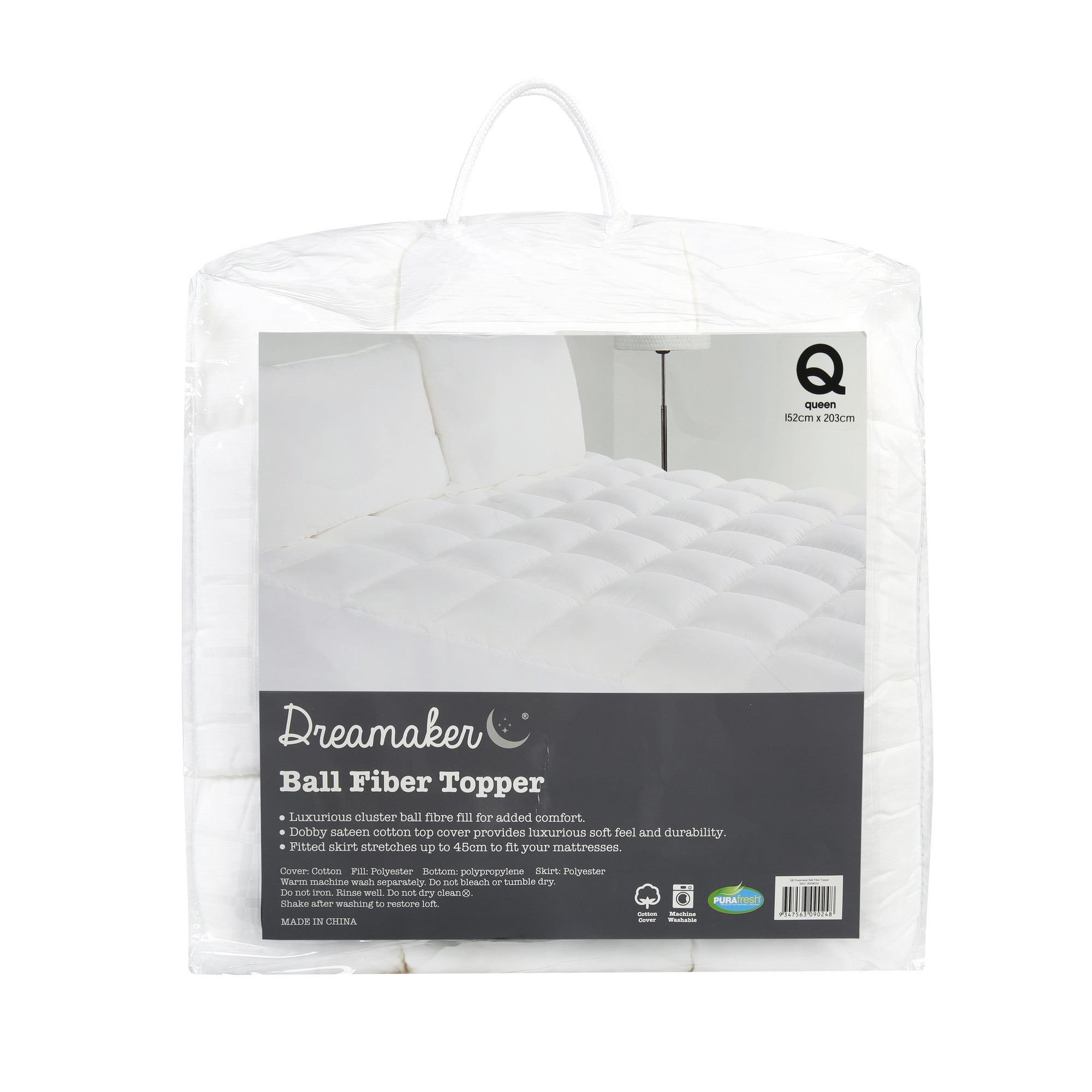 Dreamaker Ball Fibre Mattress Topper for King Single Bed, featuring soft dobby woven sateen cotton and plush 1000gsm polyester filling.