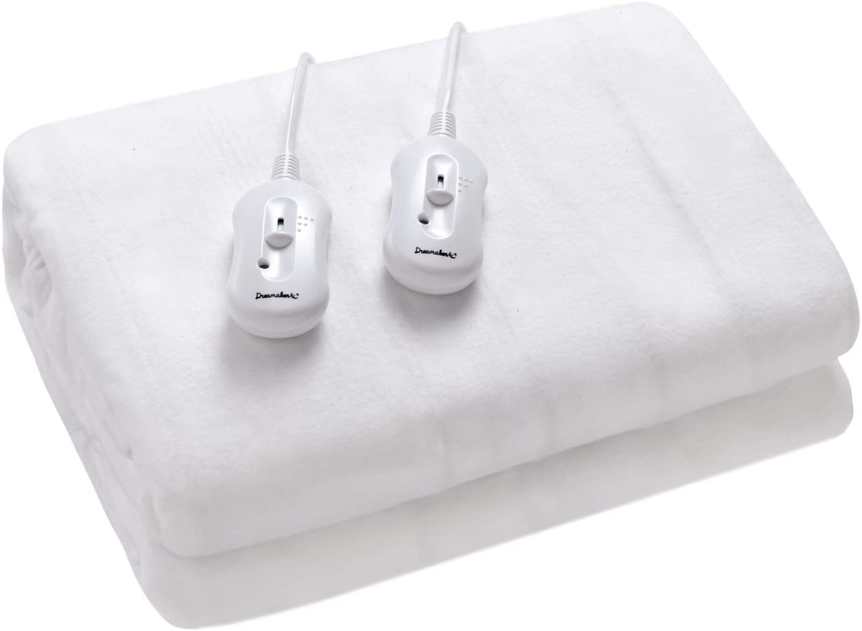 Dreamaker Dual Control Washable Electric Blanket QB in white, featuring dual controllers and a fitted skirt for secure placement.