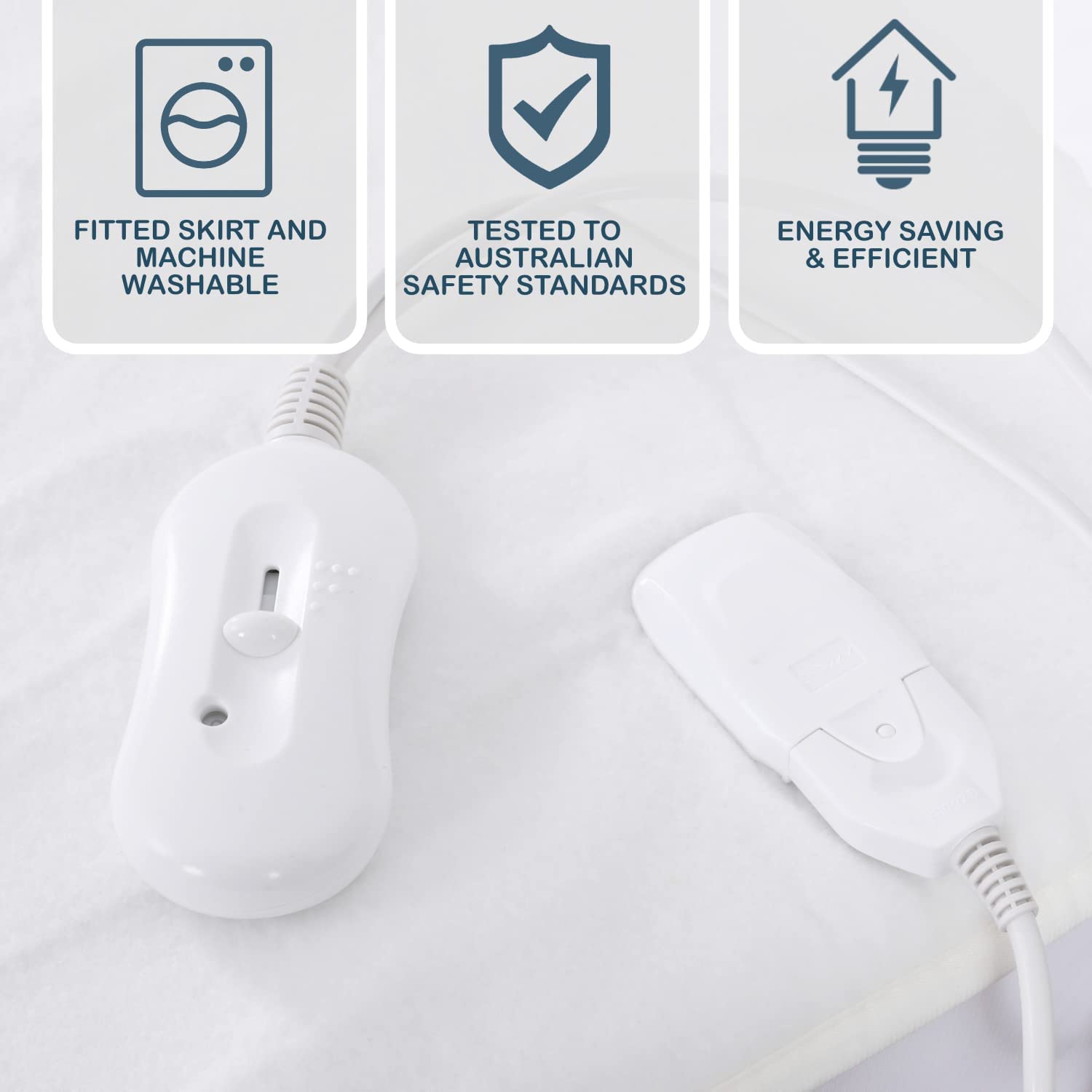 Dreamaker Dual Control Washable Electric Blanket QB in white, featuring dual controllers and a fitted skirt for secure placement.