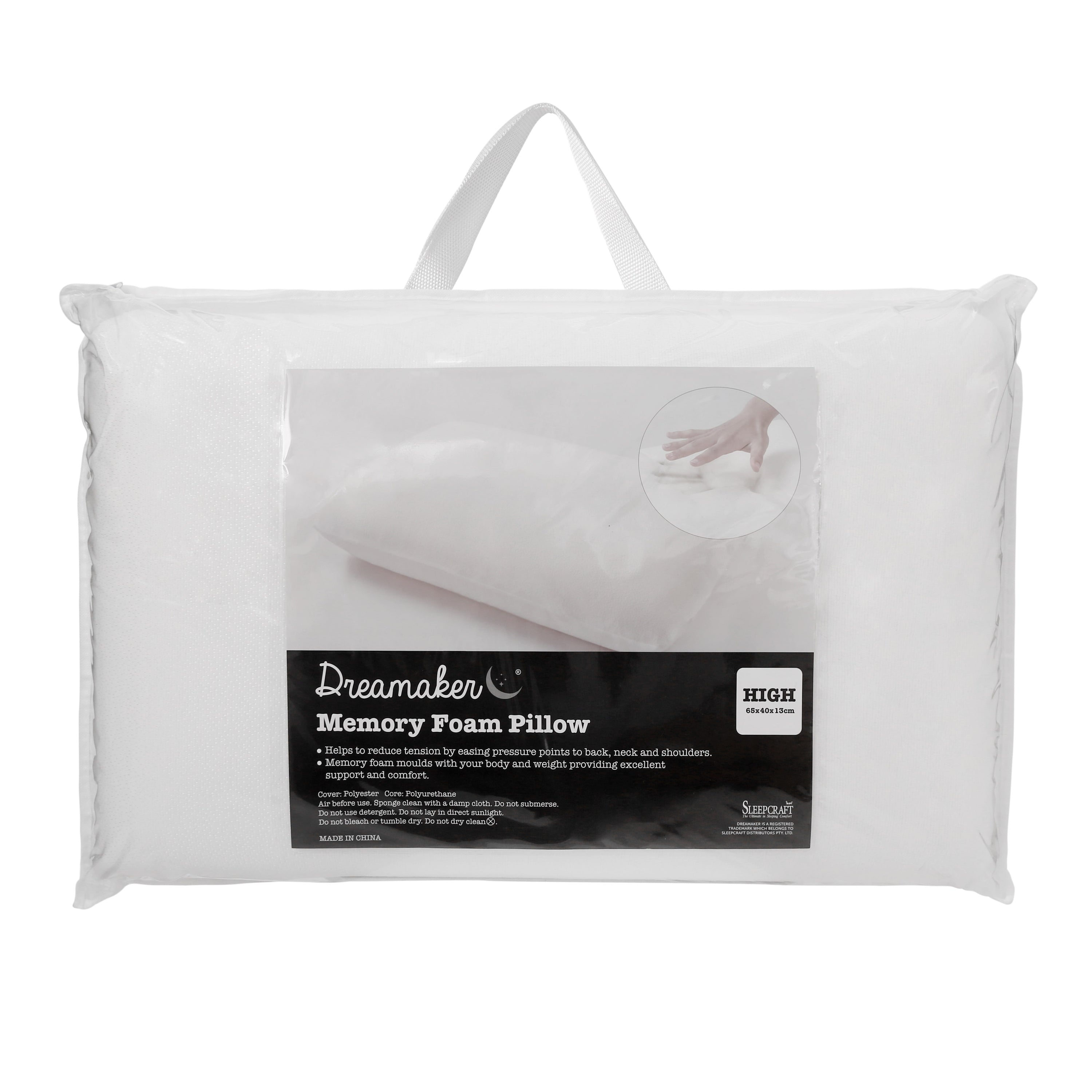 Dreamaker Memory Foam Pillow High Profile with plush polyester cover, designed for optimal neck and back support.