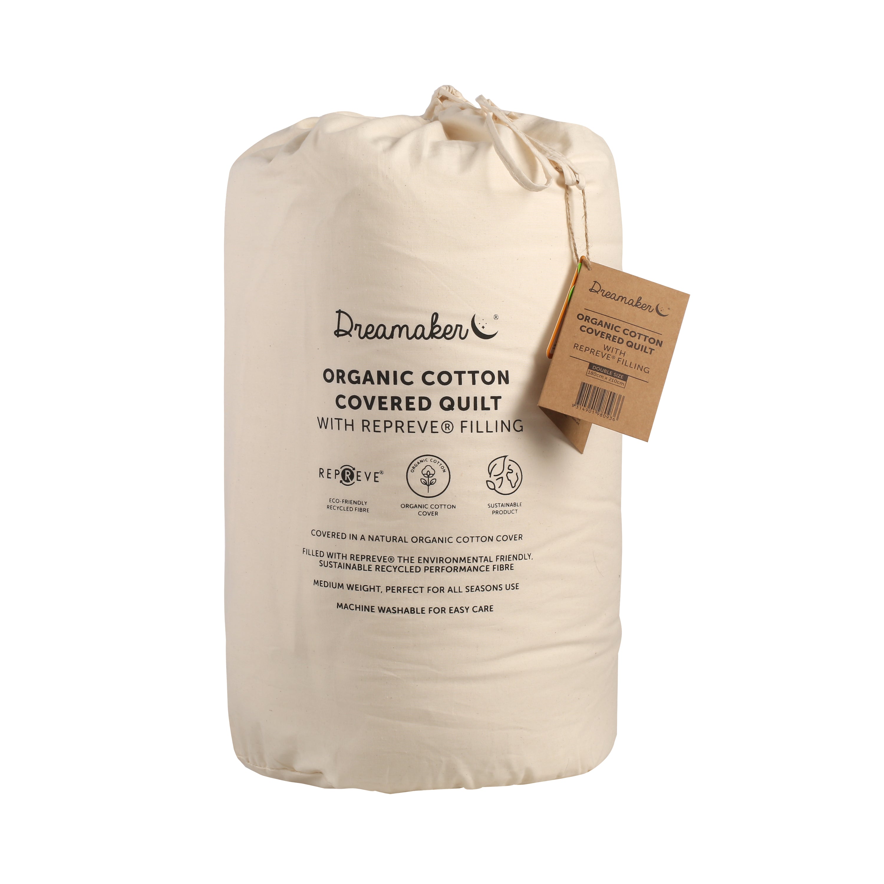 Dreamaker Organic Cotton Covered Quilt for king bed, featuring soft organic cotton casing and eco-friendly Repreve filling.