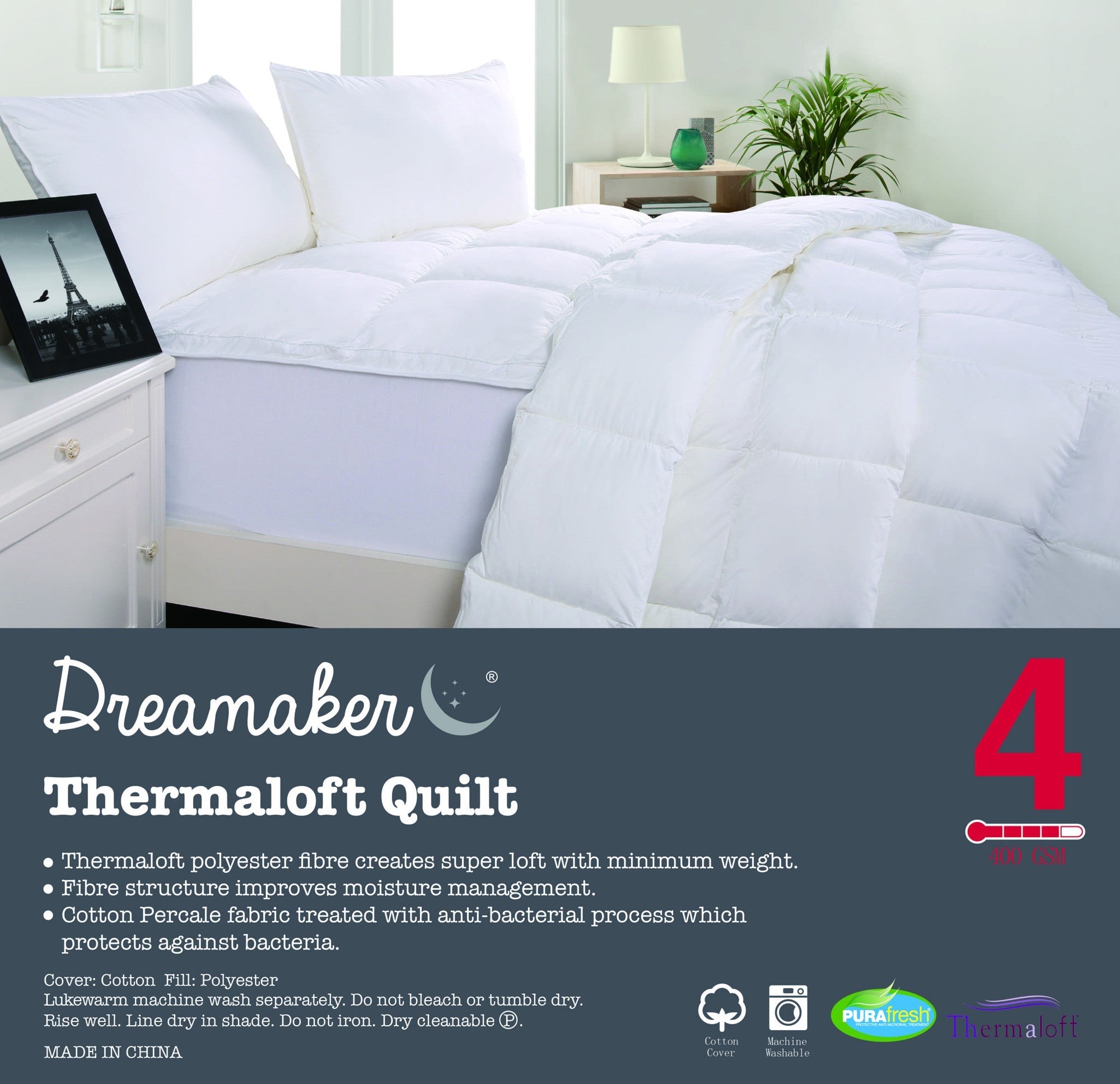Dreamaker Thermaloft Quilt 400Gsm for double bed, featuring soft cotton cover and plush polyester filling.