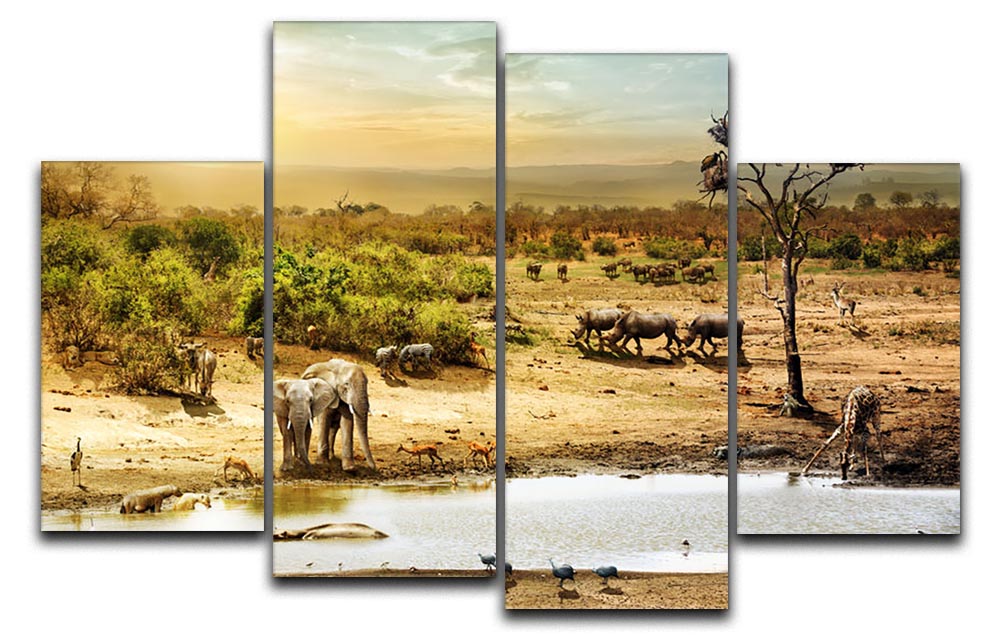 A stunning 4-panel canvas artwork depicting a dreamy South African safari scene, showcasing vibrant wildlife and landscapes.