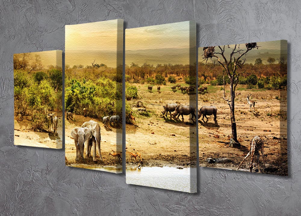 A stunning 4-panel canvas artwork depicting a dreamy South African safari scene, showcasing vibrant wildlife and landscapes.