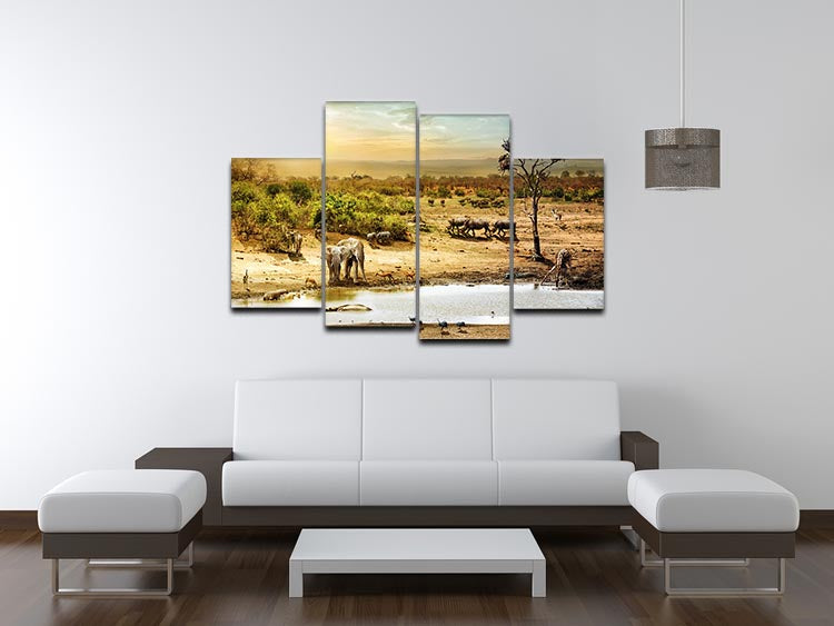 A stunning 4-panel canvas artwork depicting a dreamy South African safari scene, showcasing vibrant wildlife and landscapes.
