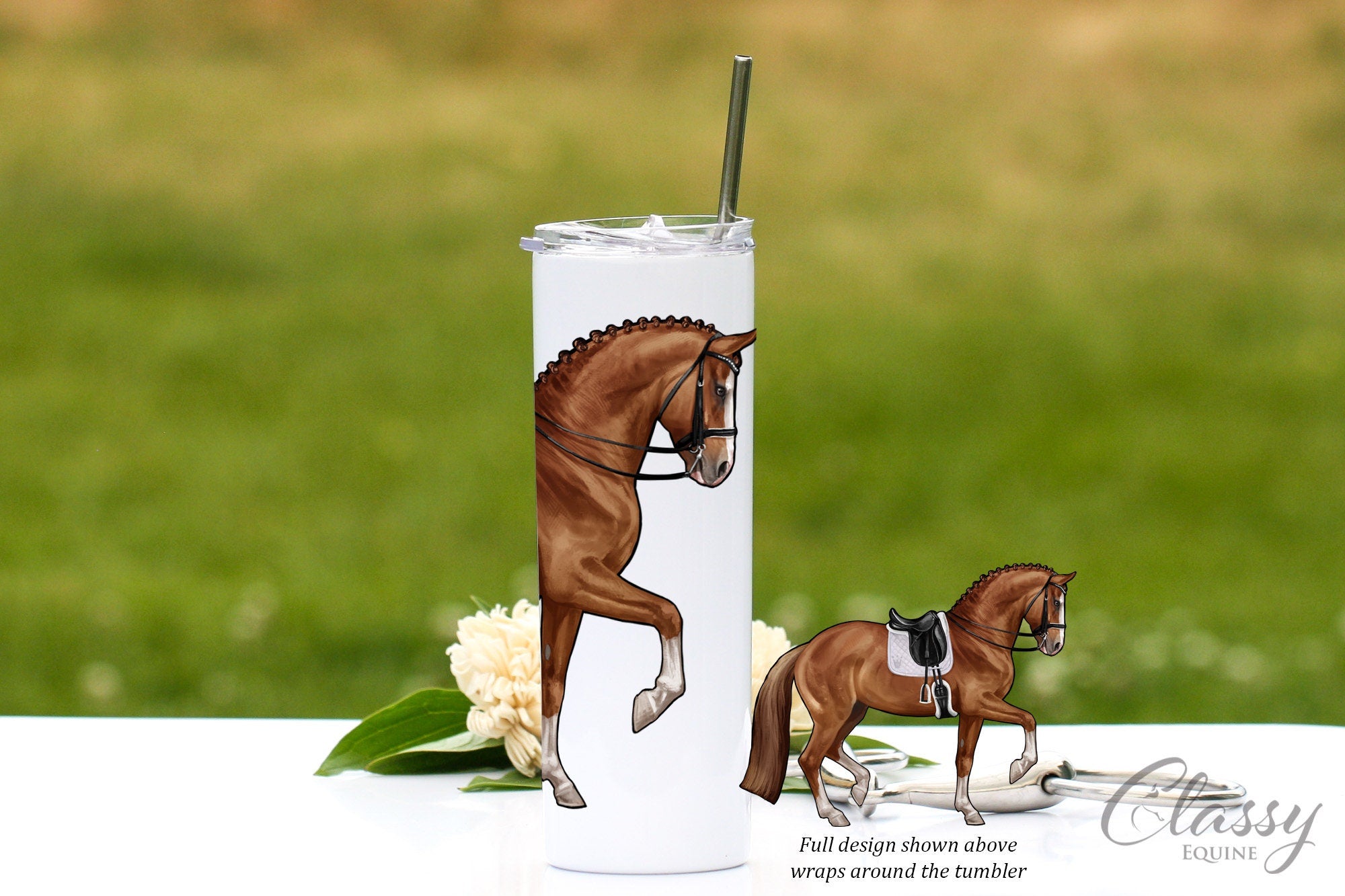 20 oz skinny tumbler featuring a stunning chestnut dressage horse design, perfect for equestrian enthusiasts.