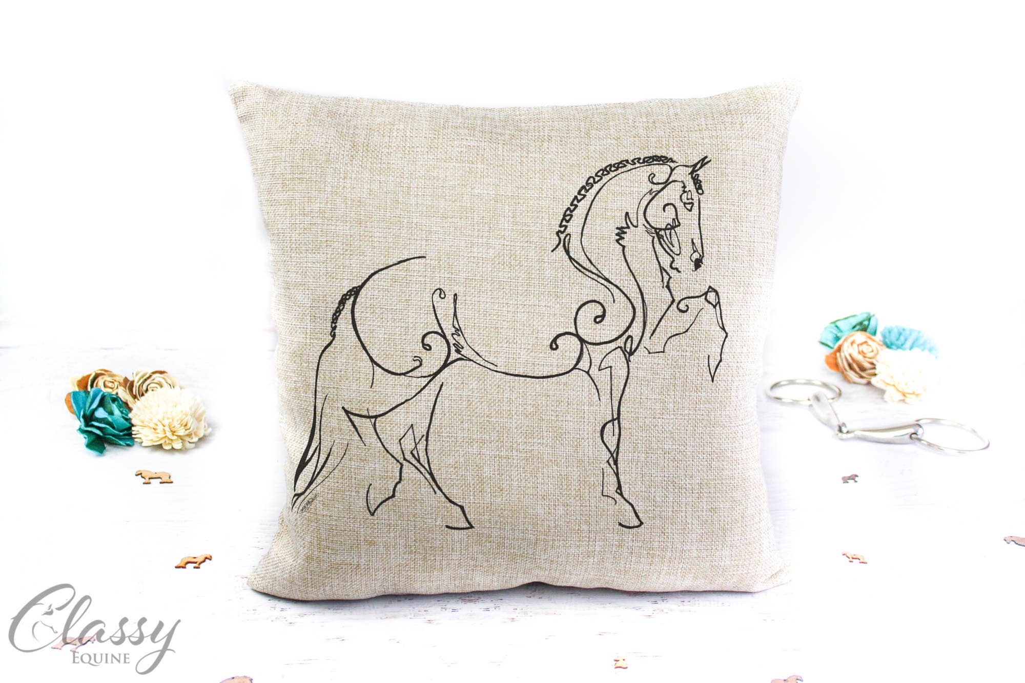 Dressage Horse Throw Pillow Cover featuring an artistic design on a polyester linen fabric, perfect for equestrian-themed home decor.