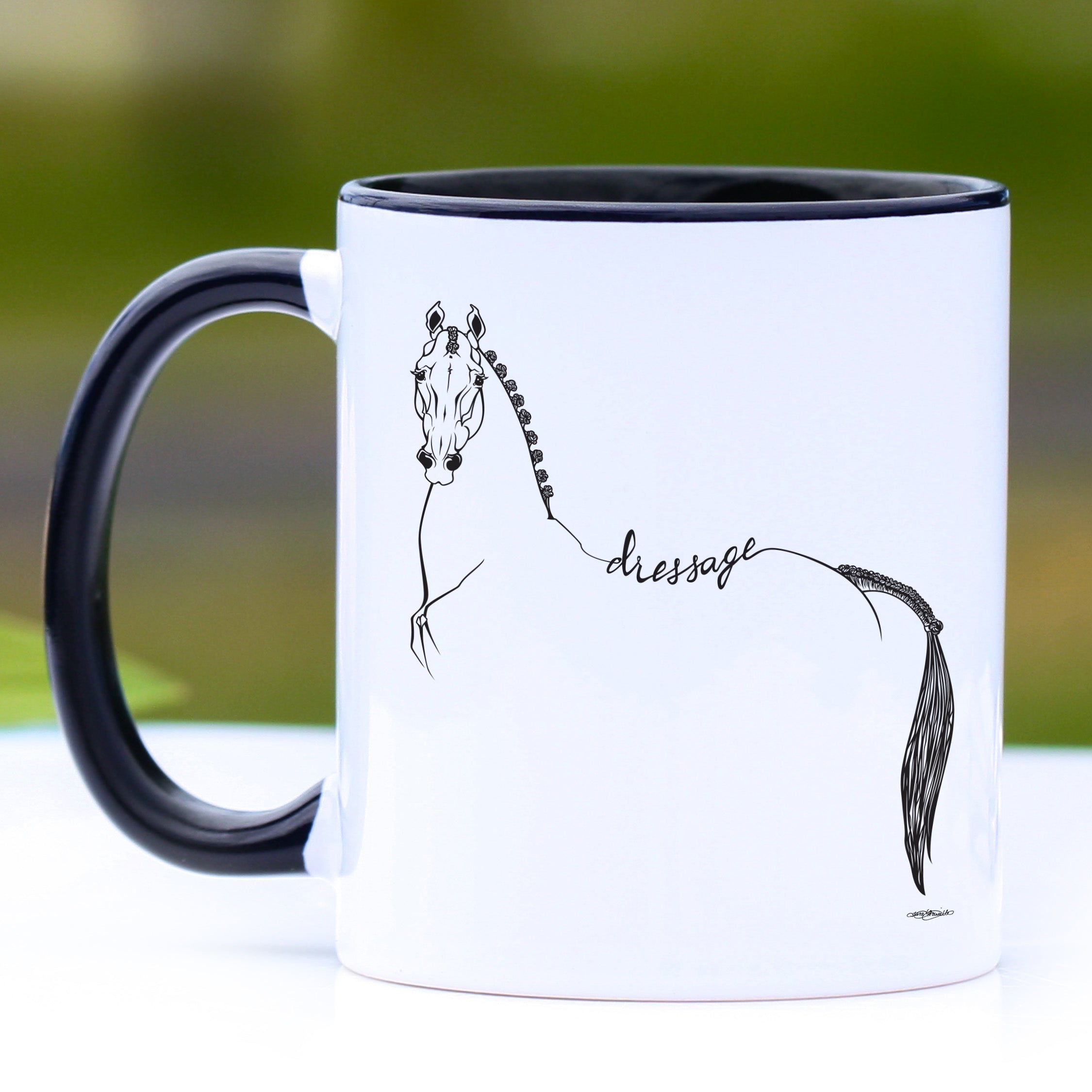 A stylish 11 oz coffee mug featuring a dressage horse topline design with a black handle and interior.
