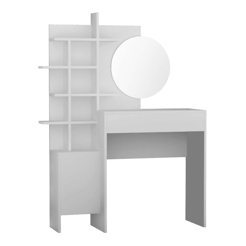 Stylish GLAMOUR White Dressing Table with mirror, featuring a spacious drawer and cupboard, made of high-quality melamine.