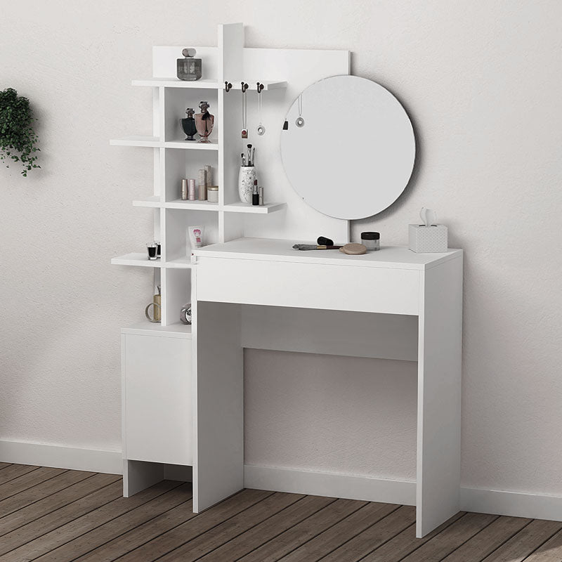 Stylish GLAMOUR White Dressing Table with mirror, featuring a spacious drawer and cupboard, made of high-quality melamine.