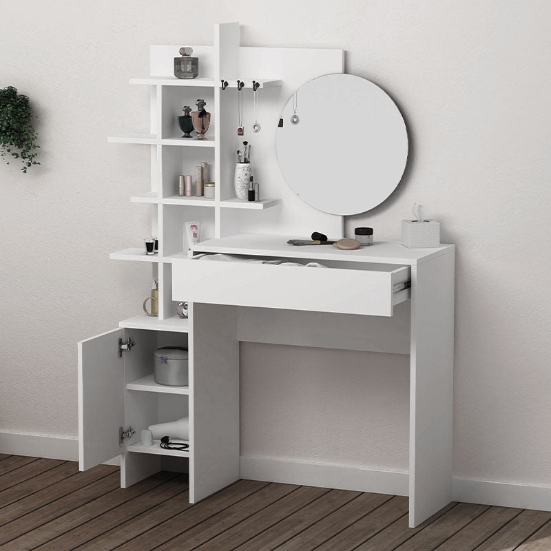 Stylish GLAMOUR White Dressing Table with mirror, featuring a spacious drawer and cupboard, made of high-quality melamine.