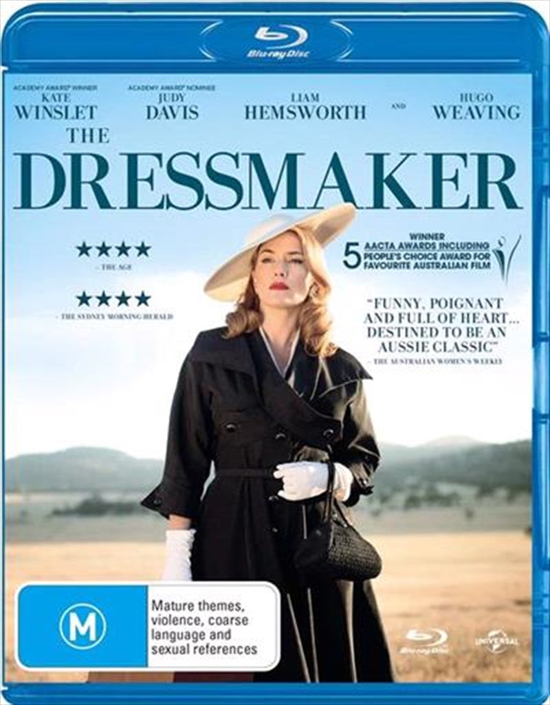 The Dressmaker Blu-ray cover featuring Kate Winslet in a stylish dress, set against a backdrop of 1950s Australian scenery.