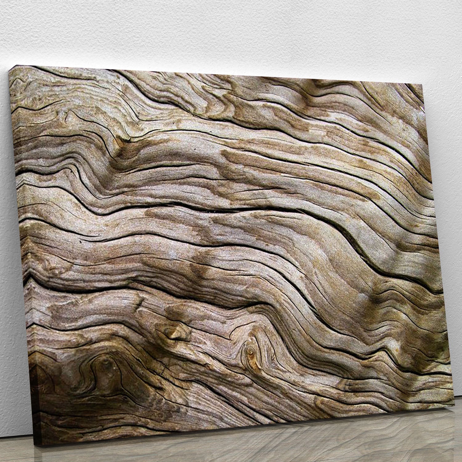 A beautiful driftwood canvas print showcasing natural textures and tones, perfect for home decor.