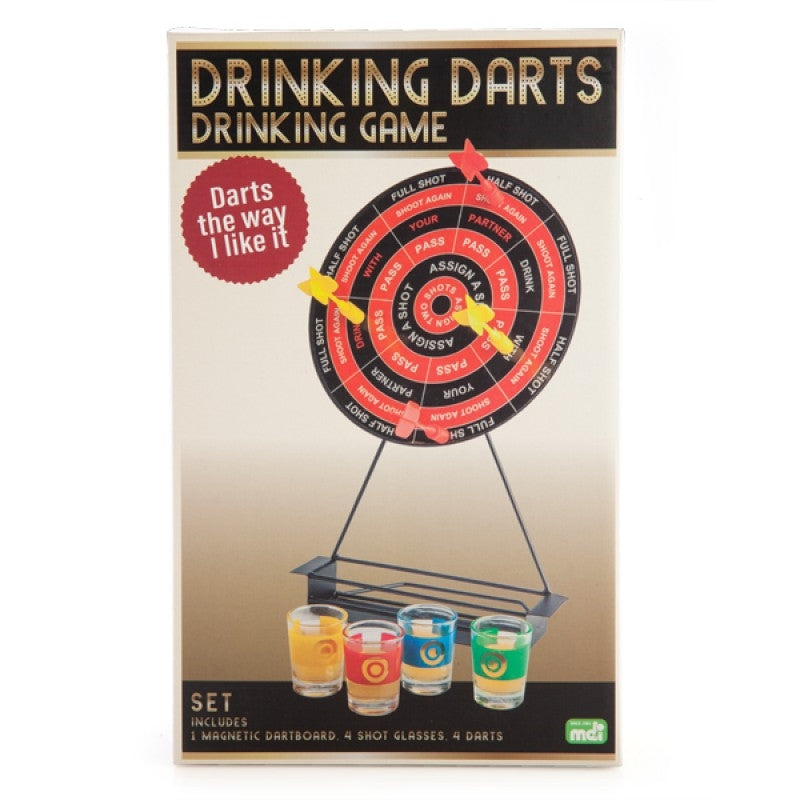 A colorful set of Drinking Game Darts featuring a magnetic dart board, four magnetic darts, and four shot glasses, perfect for party fun.