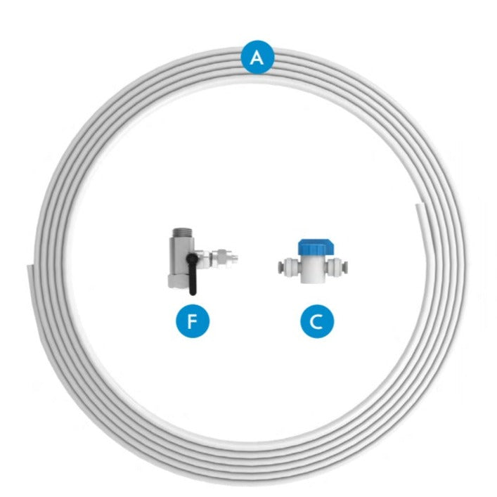 Drinkpod Standard Installation Kit components including tubing, shutoff valve, and sink adapter valve.