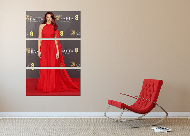 Dua Lipa at the Baftas 3-panel canvas print showcasing vibrant colors and elegant design.