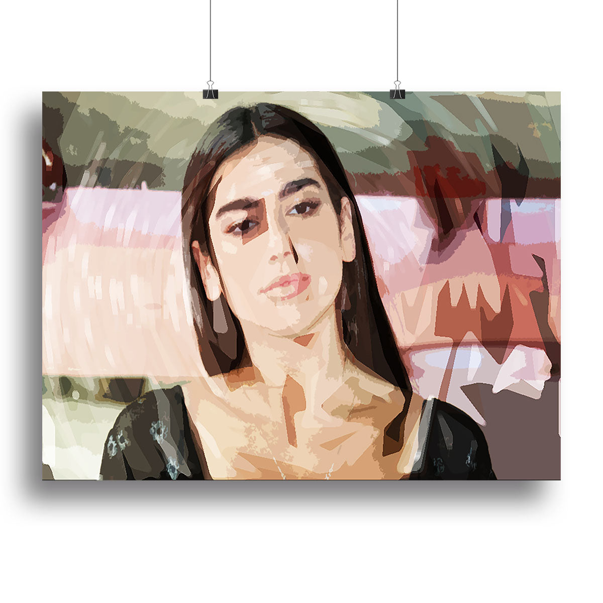 Vibrant Dua Lipa pop art canvas print showcasing bold colors and dynamic design, perfect for home or office decor.