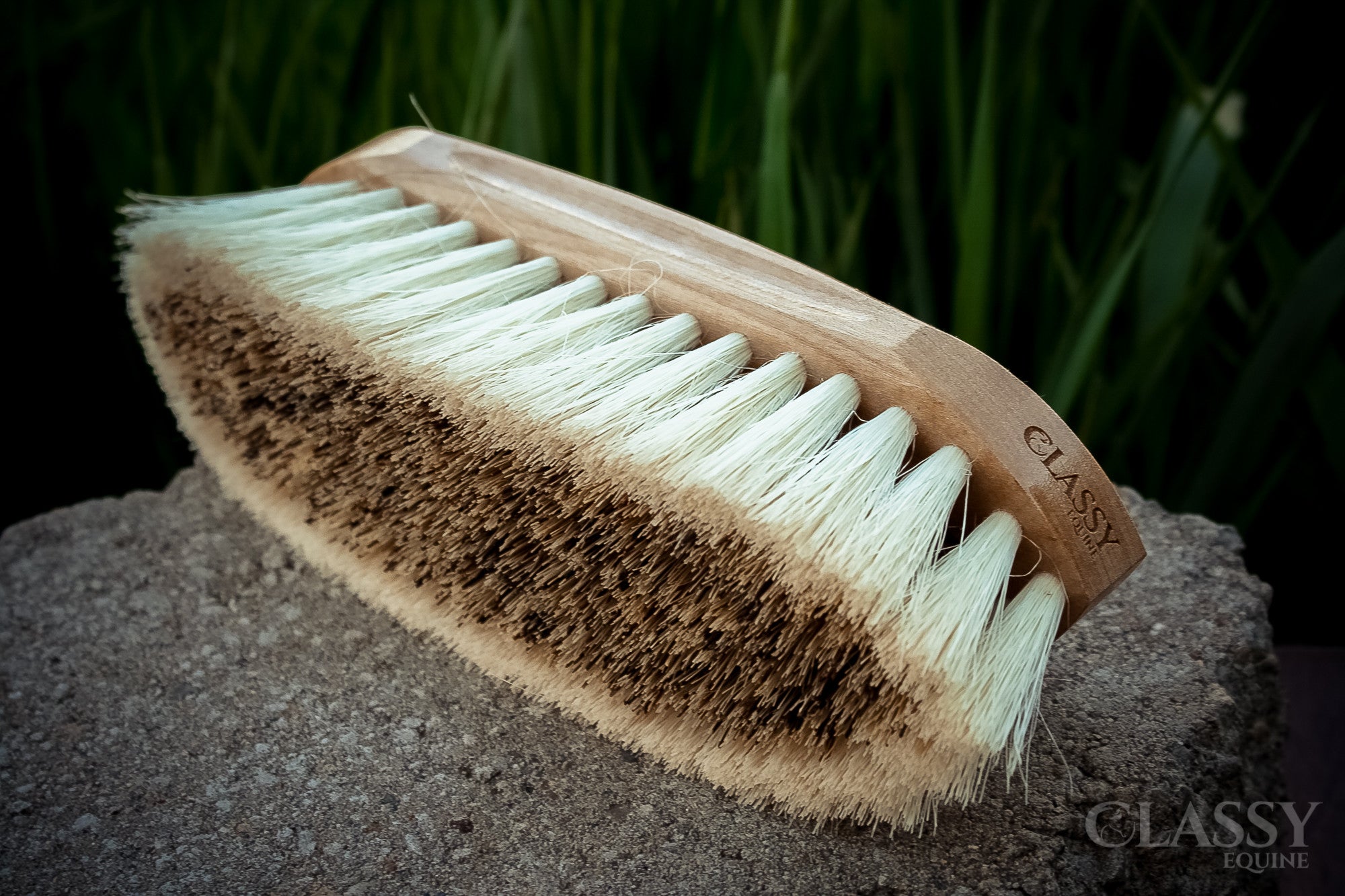 A Dual Fiber Dandy Brush featuring a soft tampico border and a stiff union fiber center, designed for effective horse grooming.