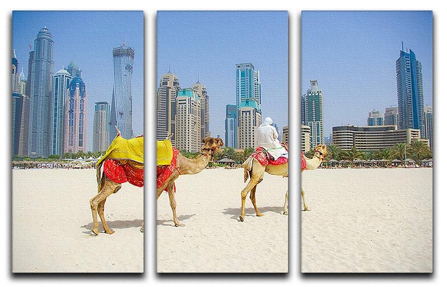 A beautiful 3-panel canvas print featuring a Dubai camel against a vibrant townscape background, showcasing intricate details and colors.
