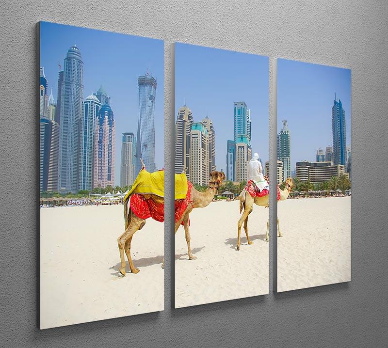 A beautiful 3-panel canvas print featuring a Dubai camel against a vibrant townscape background, showcasing intricate details and colors.