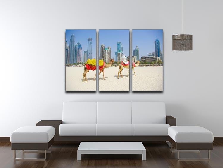 A beautiful 3-panel canvas print featuring a Dubai camel against a vibrant townscape background, showcasing intricate details and colors.