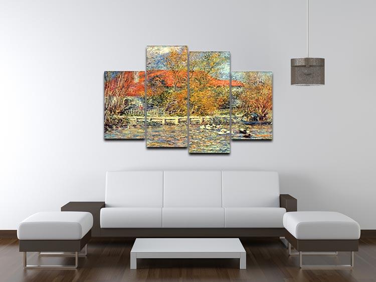 Duck Pond by Renoir 4 Split Panel Canvas artwork featuring serene water scenes and lush greenery, divided into four equal sections.