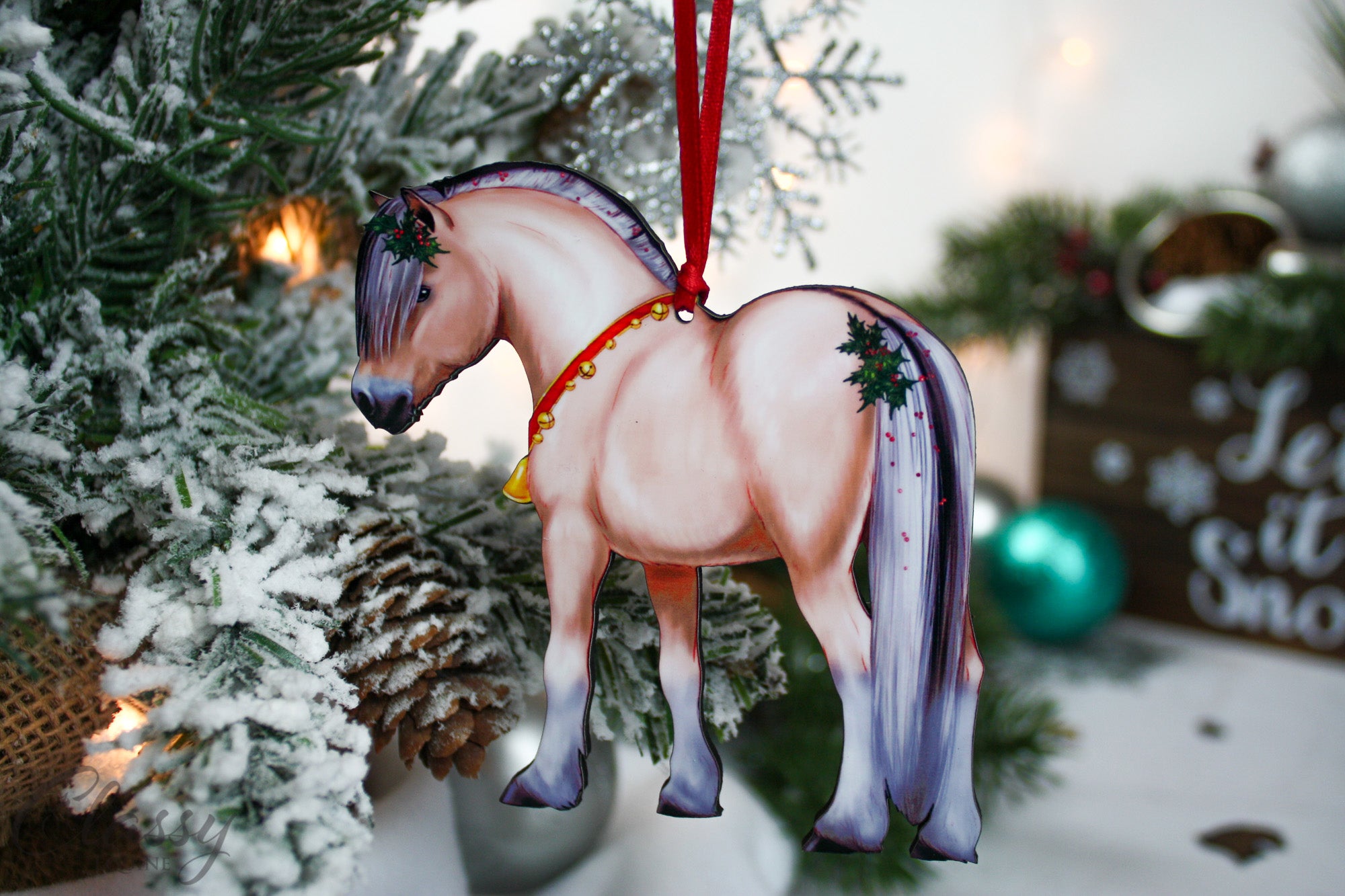 Handmade Dun Fjord Horse Christmas ornament, laser cut from composite wood, showcasing intricate details.