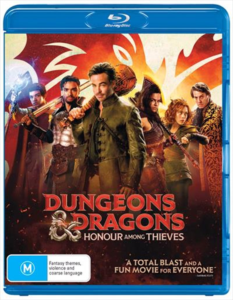Dungeons and Dragons - Honor Among Thieves Blu-ray cover featuring a charming thief and adventurers in a fantasy setting.
