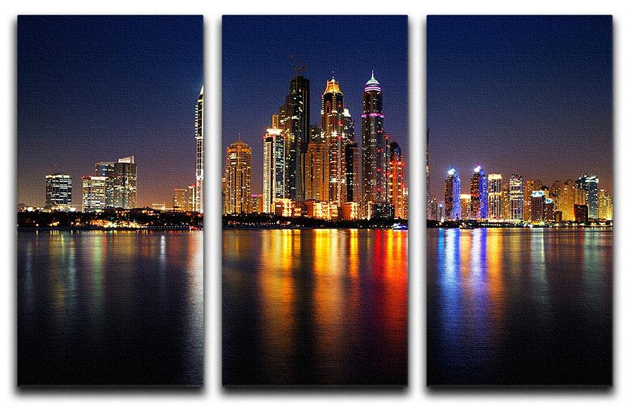 Dusk Palm Jumeirah skyline view 3 split panel canvas print showcasing vibrant colors and elegant design.