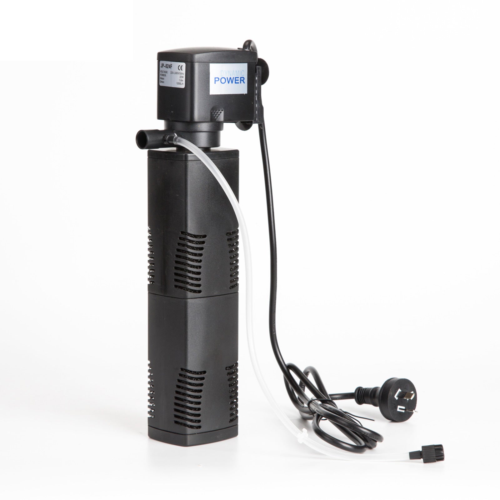 Dynamic Power Aquarium Submersible Filter 1200L/H with air tube, designed for efficient filtration and aeration in aquariums and ponds.