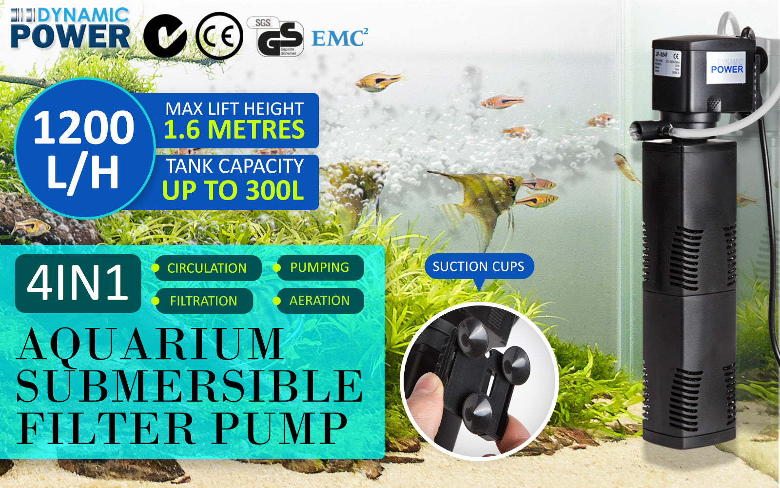 Dynamic Power Aquarium Submersible Filter 1200L/H with air tube, designed for efficient filtration and aeration in aquariums and ponds.