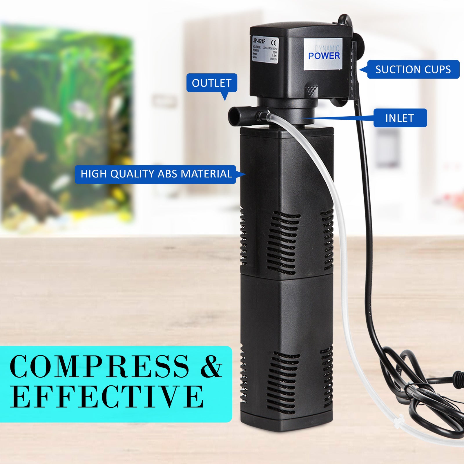 Dynamic Power Aquarium Submersible Filter 1200L/H with air tube, designed for efficient filtration and aeration in aquariums and ponds.