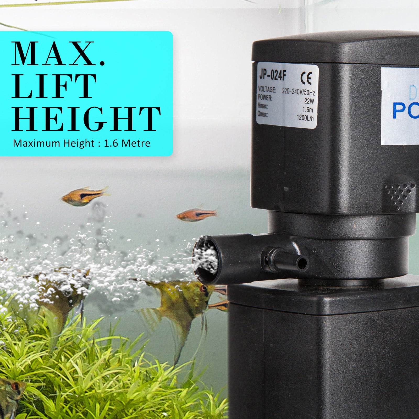 Dynamic Power Aquarium Submersible Filter 1200L/H with air tube, designed for efficient filtration and aeration in aquariums and ponds.