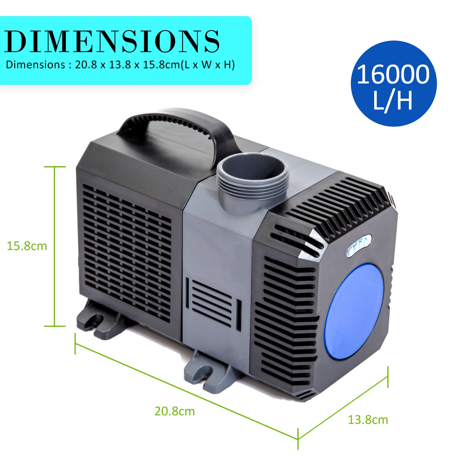 Dynamic Power Aquarium Submersible Pond Water Pump 16000L/H with stainless steel and PVC construction, designed for efficient water circulation.